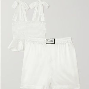 SLEEPER Tender Fighter Ruffled Shirred Silk Satin PJ Set